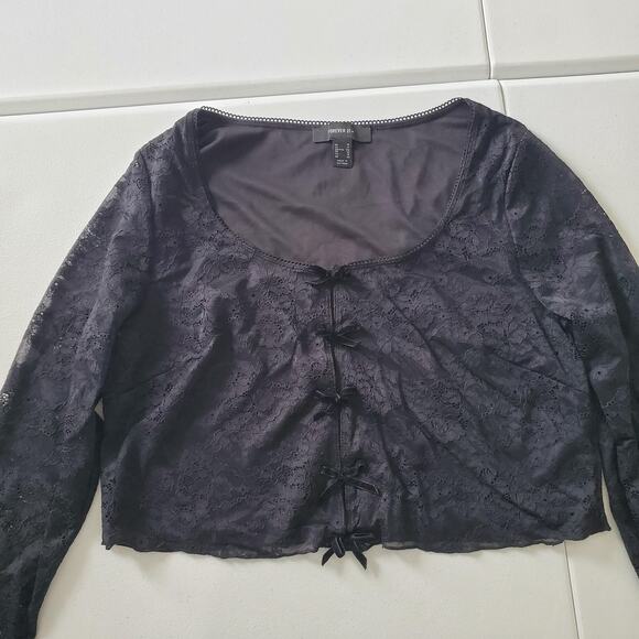 Y2K Whimsigoth Goth Shirt Womens 1X Lace Bow Front Long Sleeve Cropped Cardigan - Picture 2 of 10